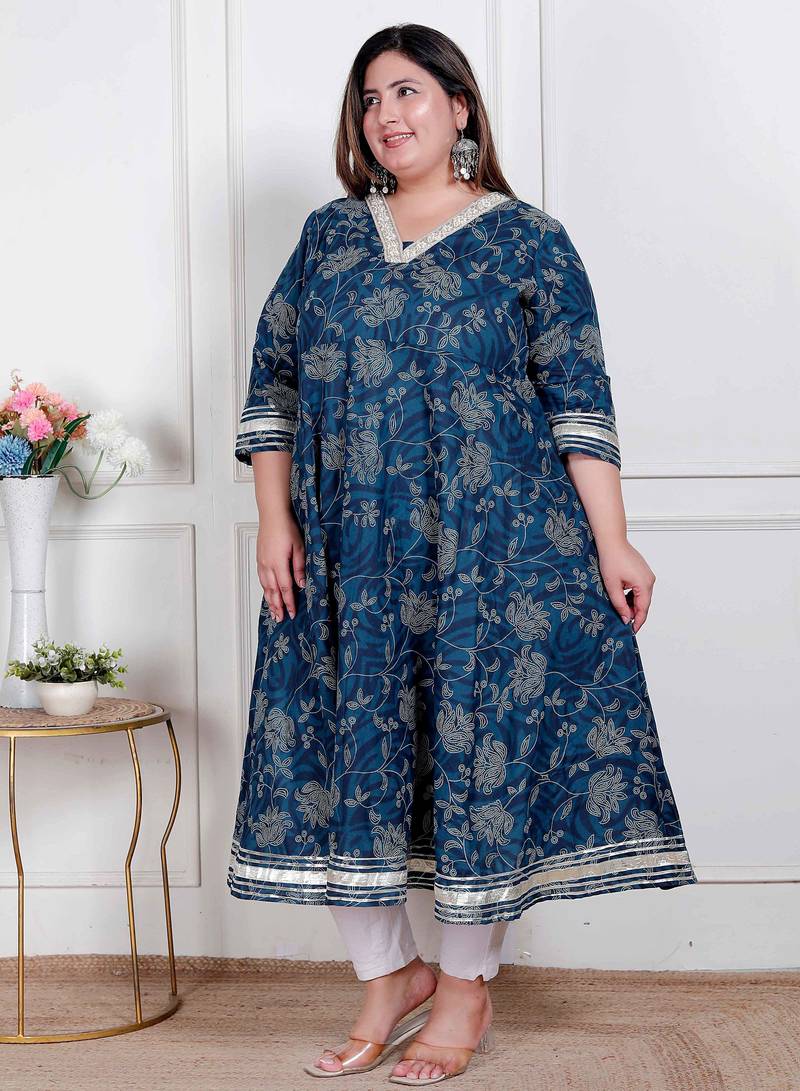   plus size women's blue cotton embroidered neck anarkali kurta