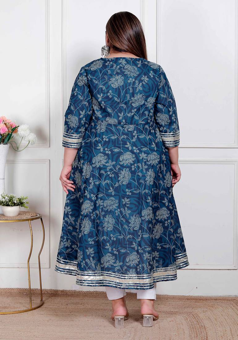   plus size women's blue cotton embroidered neck anarkali kurta