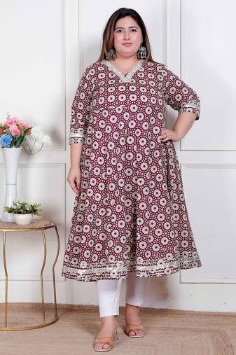   plus size women's cream embroidered cotton anarkali kurta  