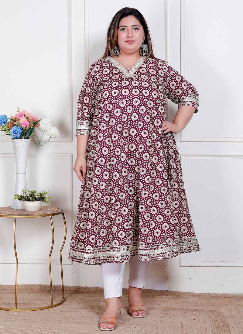   plus size women's cream embroidered cotton anarkali kurta  