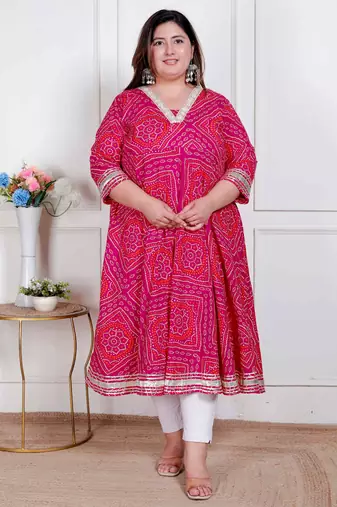   plus size women's pink  cotton bandhani ethnic anarkali kurta