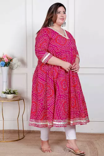 plus size pink cotton bandhani printed kurta