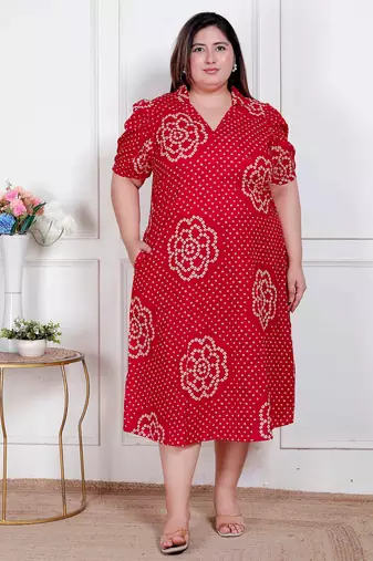 plus size red bandhani printed maxi dress for women