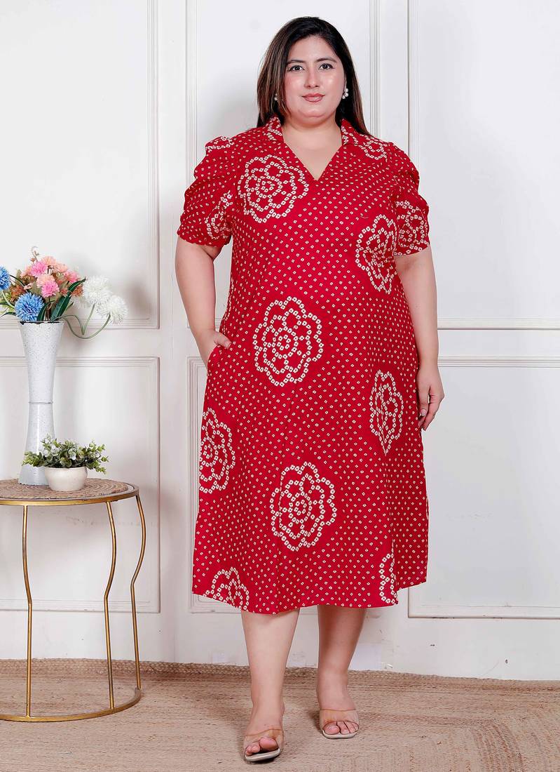   plus size womens red bandhani printed collar neck  maxi dress