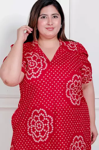 plus size red bandhani printed maxi dress for women