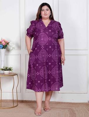 plus size purple bandhani printed maxi dress for women 1
