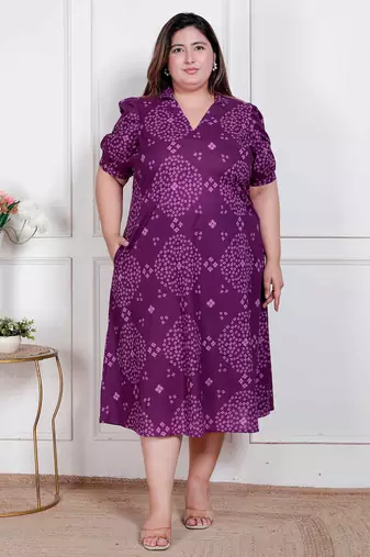 plus size purple bandhani printed maxi dress for women