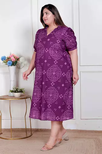plus size purple bandhani printed maxi dress for women