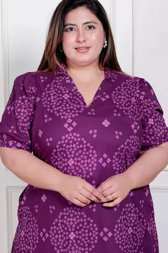 plus size purple bandhani printed maxi dress for women