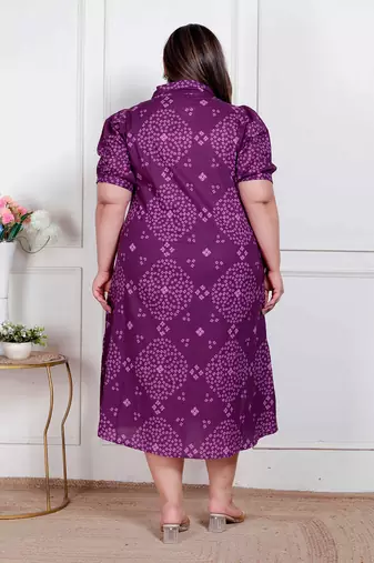 plus size purple bandhani printed maxi dress for women