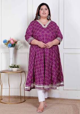 plus size magenta cotton gota lace kurta for women 1