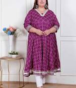   plus size women cotton  magenta gota lace and  embroidered anarkali kurta