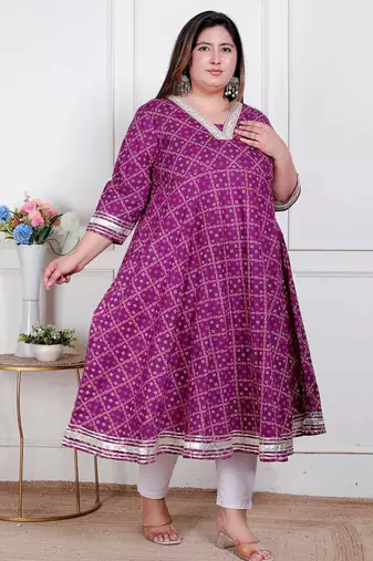 plus size magenta cotton gota lace kurta for women