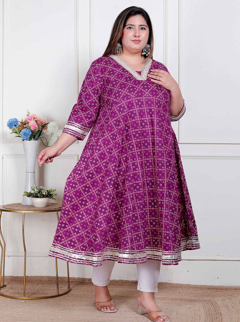   plus size women cotton  magenta gota lace and  embroidered anarkali kurta