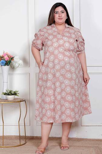 plus size puff sleeve pure cotton a-line dress