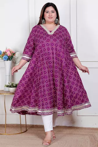 plus size magenta cotton gota lace kurta for women