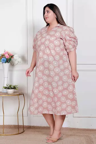 plus size puff sleeve pure cotton a-line dress