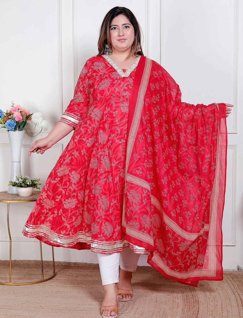   plus size women's red embroidered anarkali kurta and dupatta  