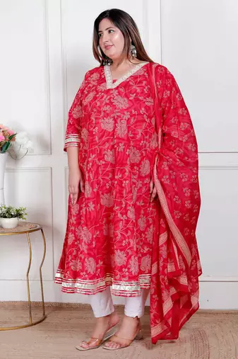 plus size red embroidered anarkali kurta with dupatta