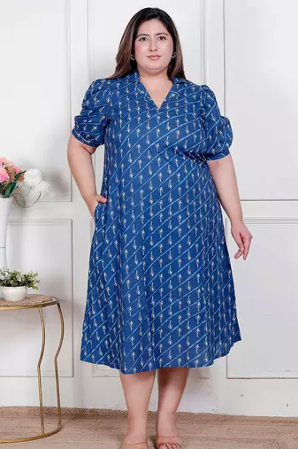 plus size floral printed collar-neck puff sleeve maxi dress