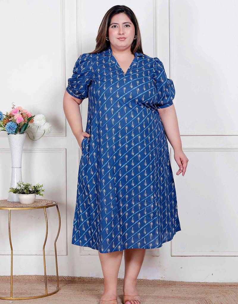   plus size womens floral print collar-neck puff sleeves a-line maxi dress