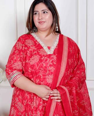 plus size red embroidered anarkali kurta with dupatta 3