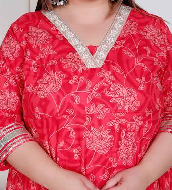 plus size red embroidered anarkali kurta with dupatta 5