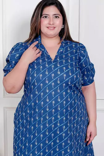 plus size floral printed collar-neck puff sleeve maxi dress