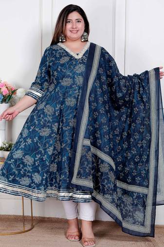   plus size women's jashn hand block printed ethnic anarkali kurta and dupatta