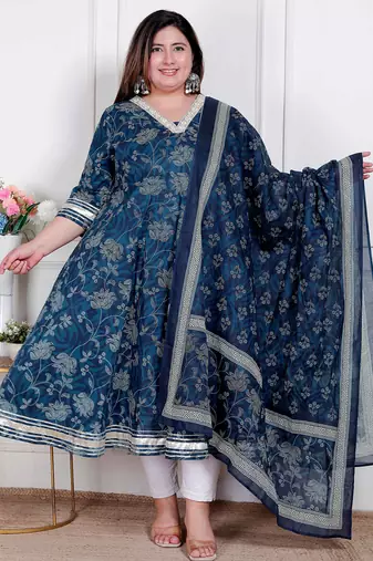   plus size women's jashn hand block printed ethnic anarkali kurta and dupatta