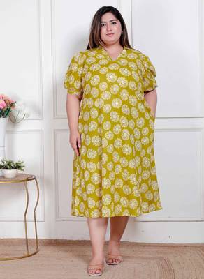 plus size yellow printed puff sleeve maxi dress for women 1