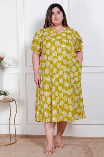 plus size yellow printed puff sleeve maxi dress for women