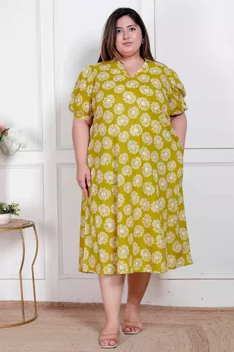plus size yellow printed puff sleeve maxi dress for women