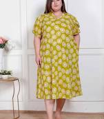 plus size yellow printed puff sleeve maxi dress for women