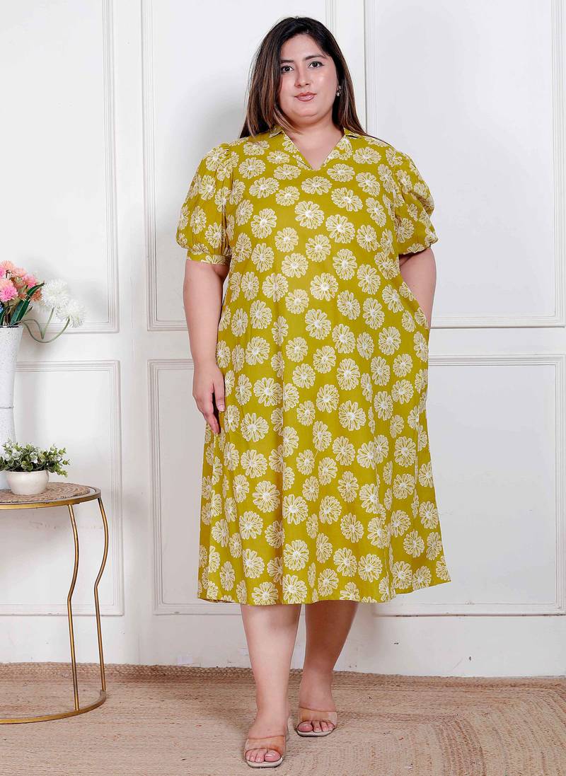 plus size yellow printed puff sleeve maxi dress for women