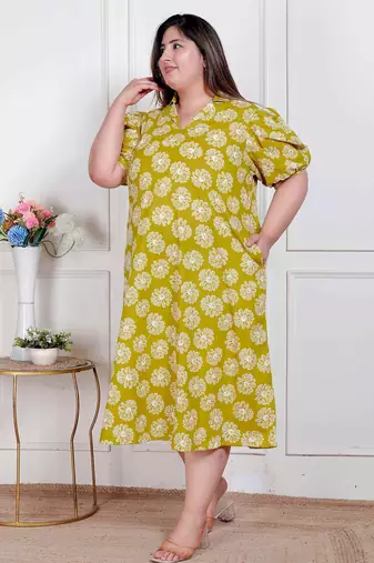 plus size yellow printed puff sleeve maxi dress for women