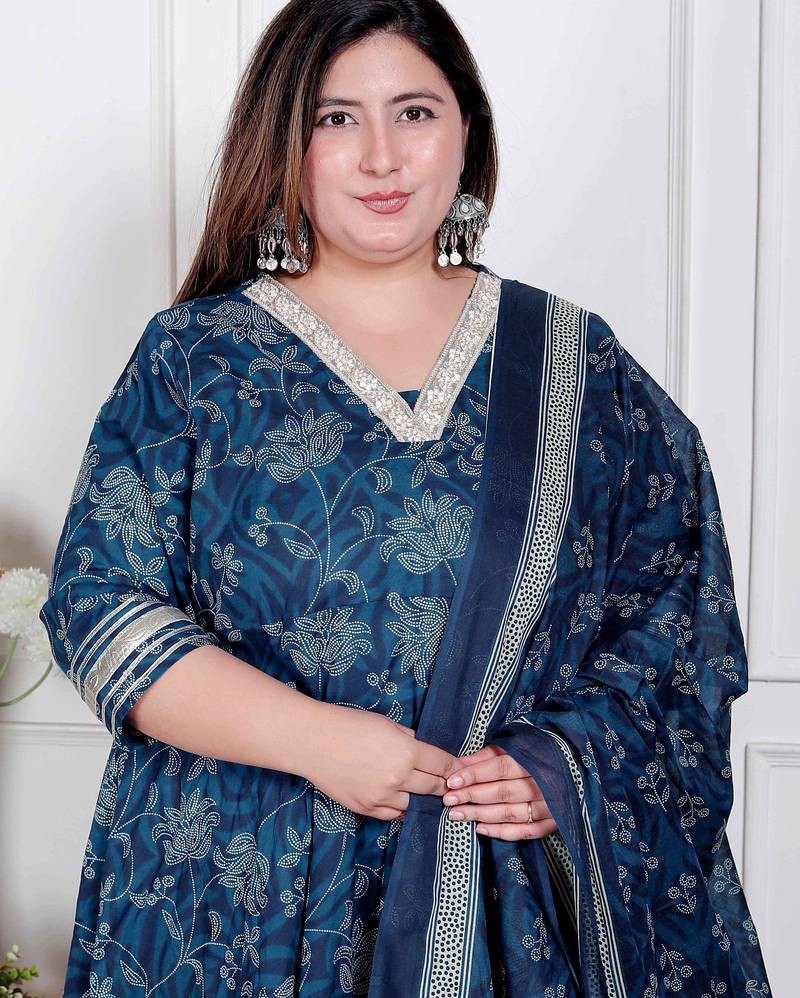  plus size women's jashn hand block printed ethnic anarkali kurta and dupatta