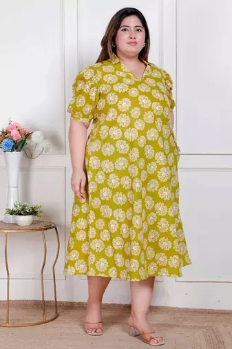 plus size yellow printed puff sleeve maxi dress for women