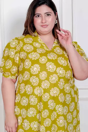 plus size yellow printed puff sleeve maxi dress for women