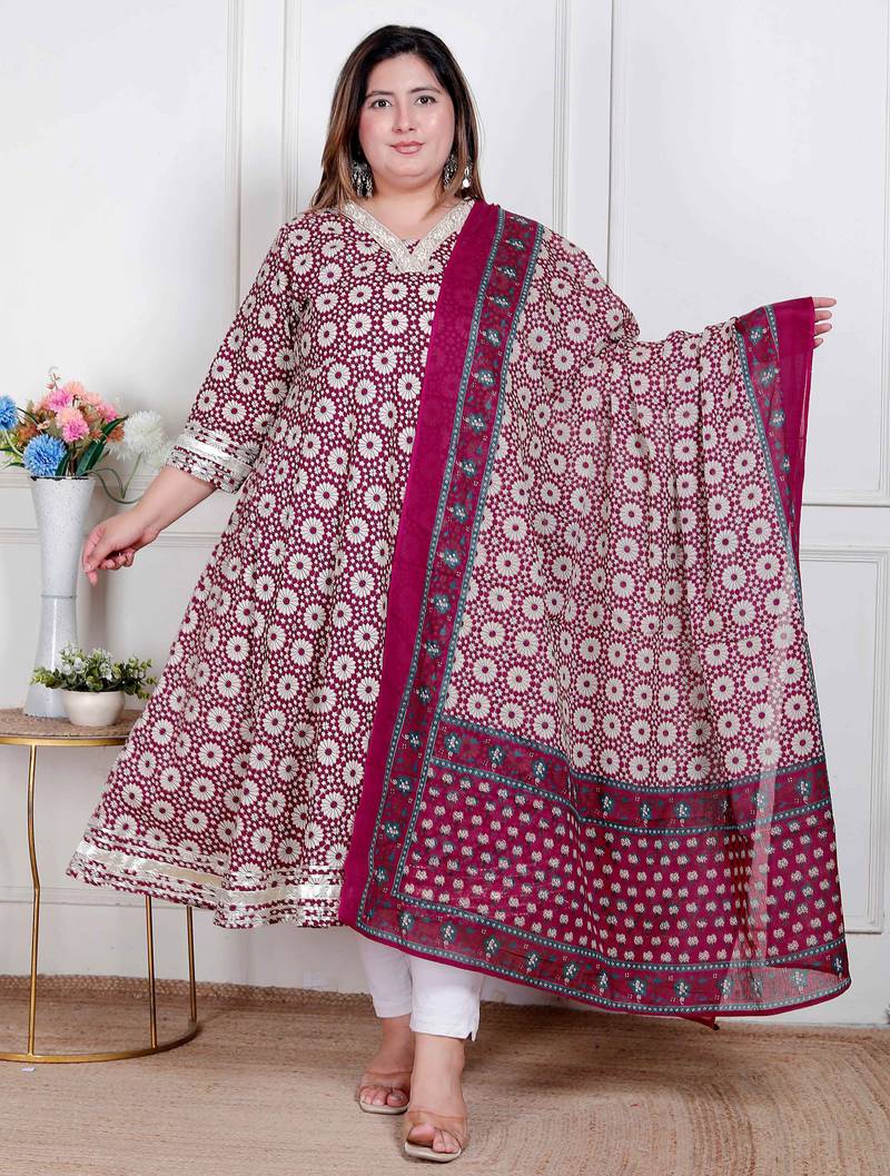   plus size women's cream embroidered cotton anarkali kurta and dupatta