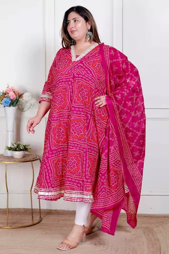 plus size bandhani ethnic anarkali kurta set for women