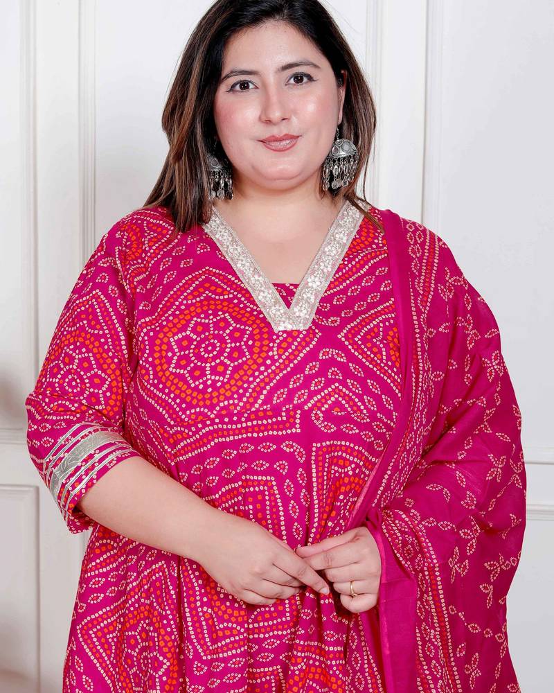   plus size women's bandhani ethnic anarkali kurta  and dupatta