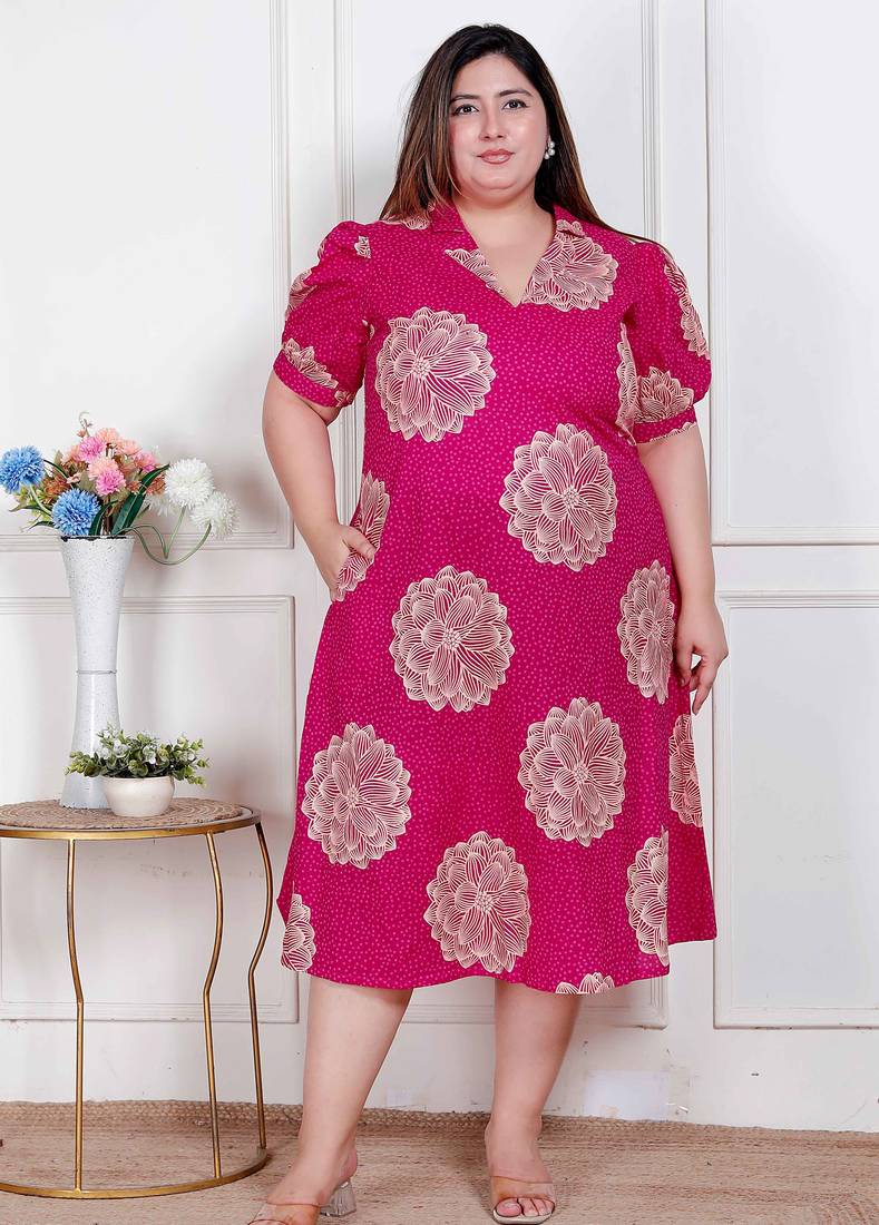 plus size pink printed collar neck maxi dress for women