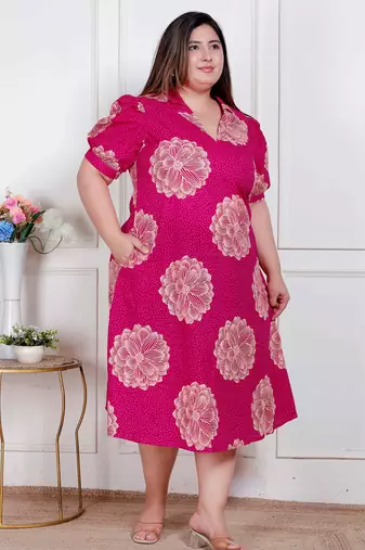 plus size pink printed collar neck maxi dress for women