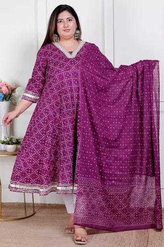  plus size women's bandhani embroidred ethnic anarkali kurta and dupatta
