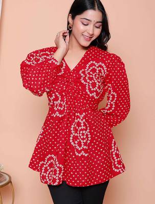 red bandhani printed cotton butterfly top 2