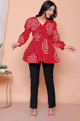 red bandhani printed cotton butterfly top