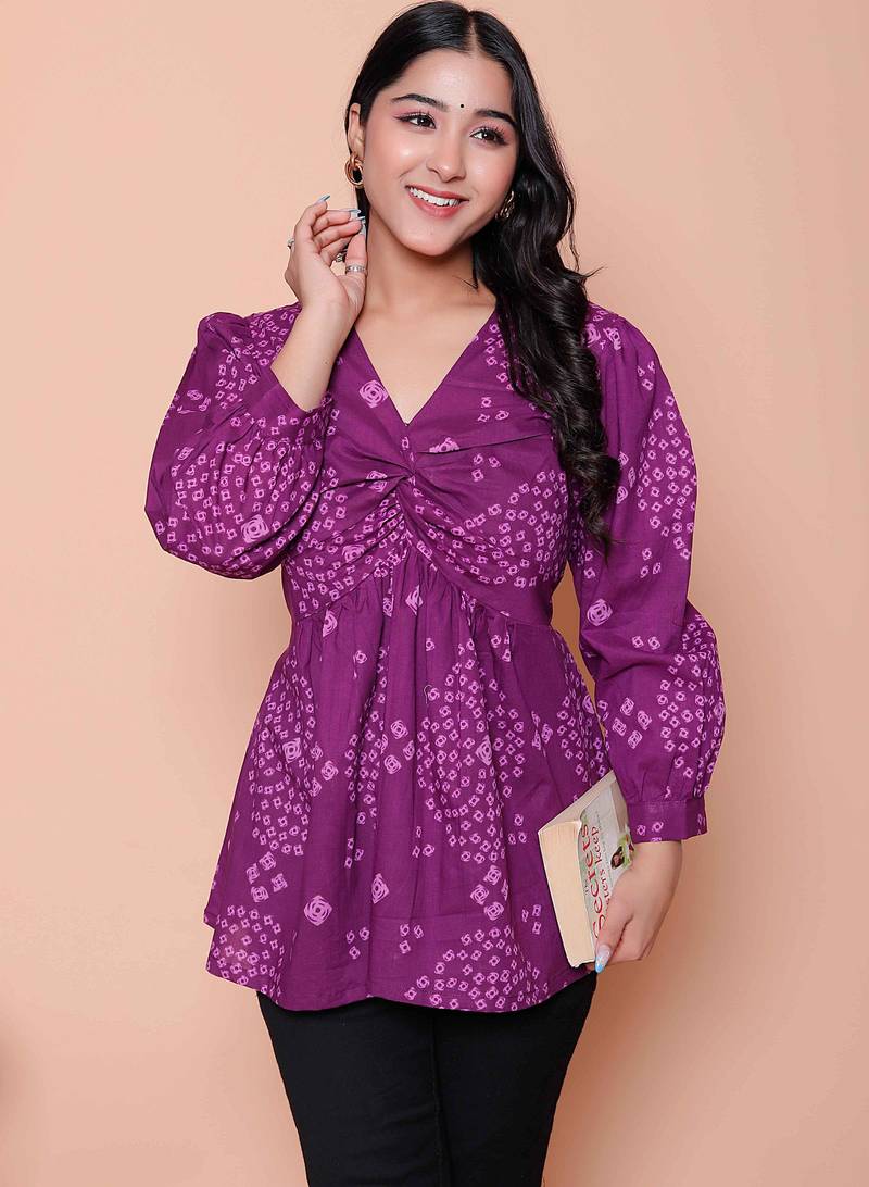purple bandhani printed butterfly sleeve dress