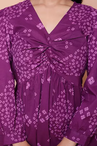 purple bandhani printed butterfly sleeve dress