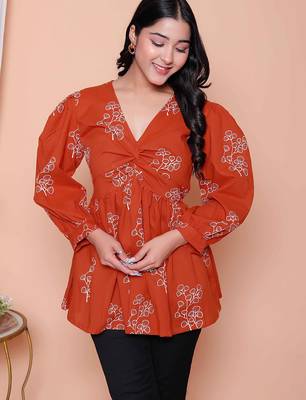 rust floral printed balloon sleeve dress for women 1